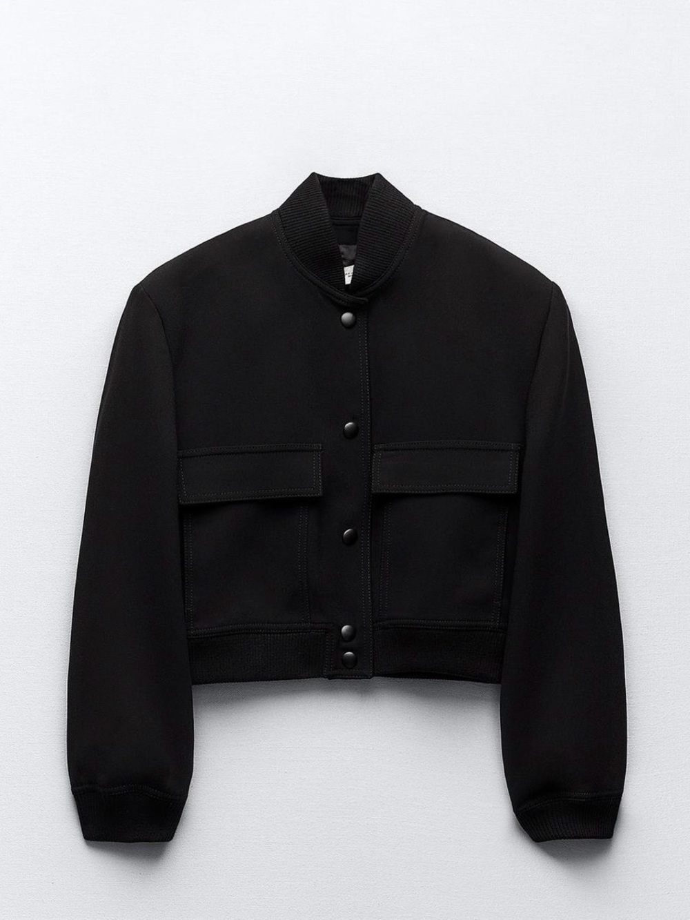 Zara Black Cropped Bomber Jacket with Flap Pockets